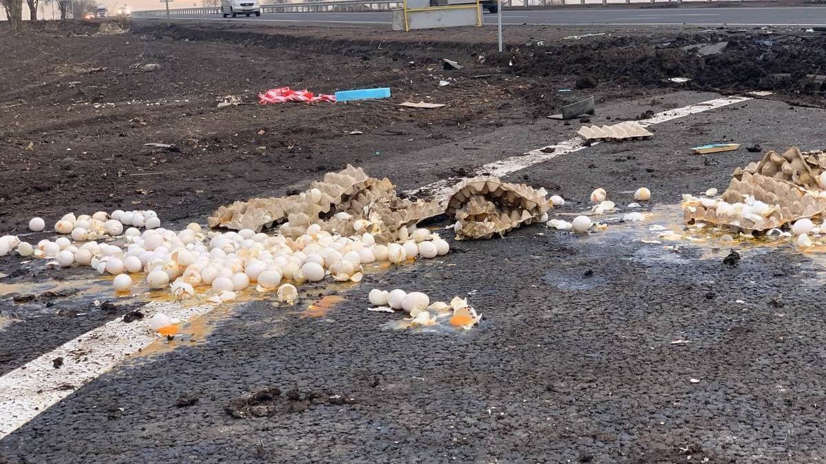 В Днепропетровской области на трассе столкнулись грузовик и фура: дорогу усыпало куриными яйцами