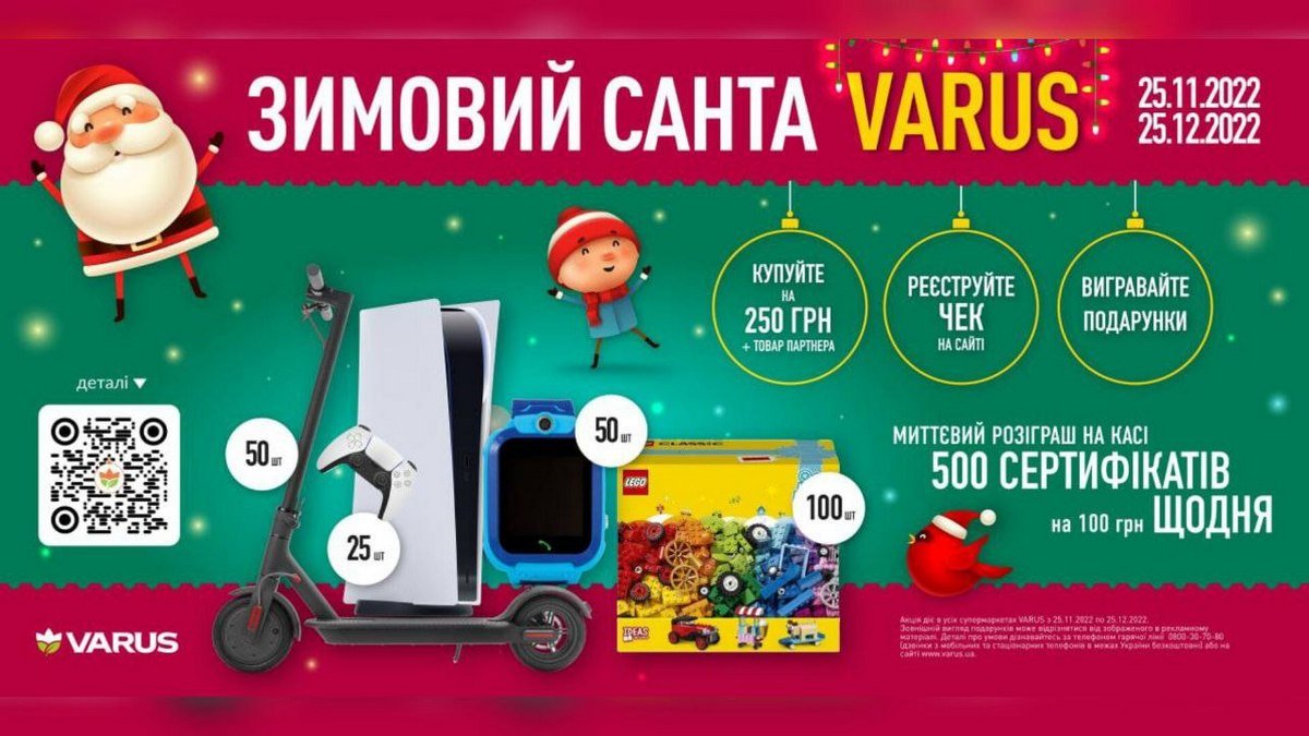500 сертификатов по 100 грн ежедневно, самокаты и PlayStation 5: новогодние подарки за покупки в VARUS