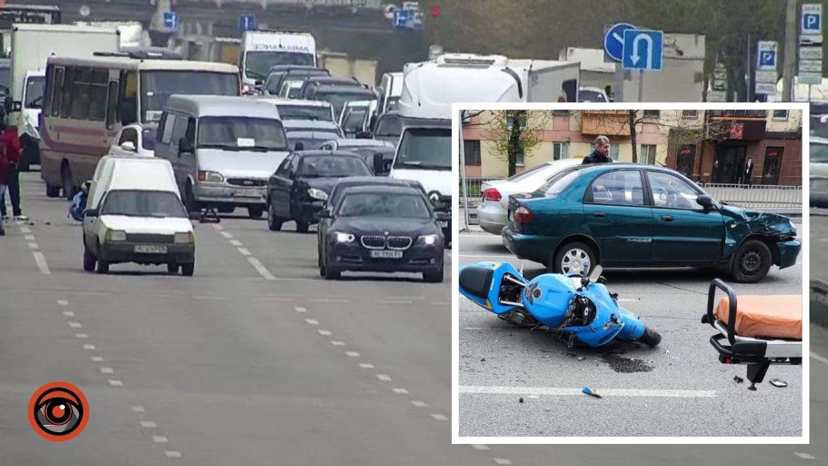 В Днепре на Слобожанском проспекте столкнулись Daewoo и мотоциклист: есть пострадавший