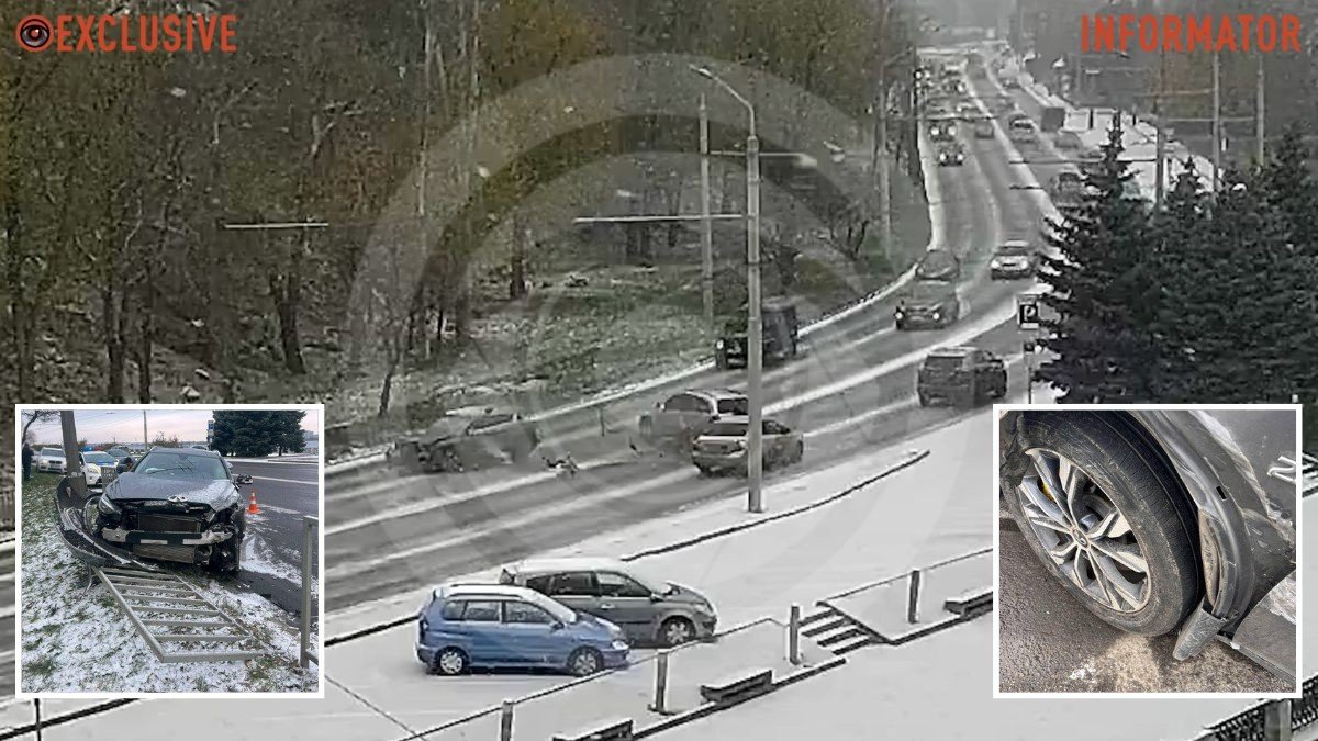 Виїзд на зустрічну та авто в паркані: відео моменту потрійної аварії на Січеславській Набережній у Дніпрі