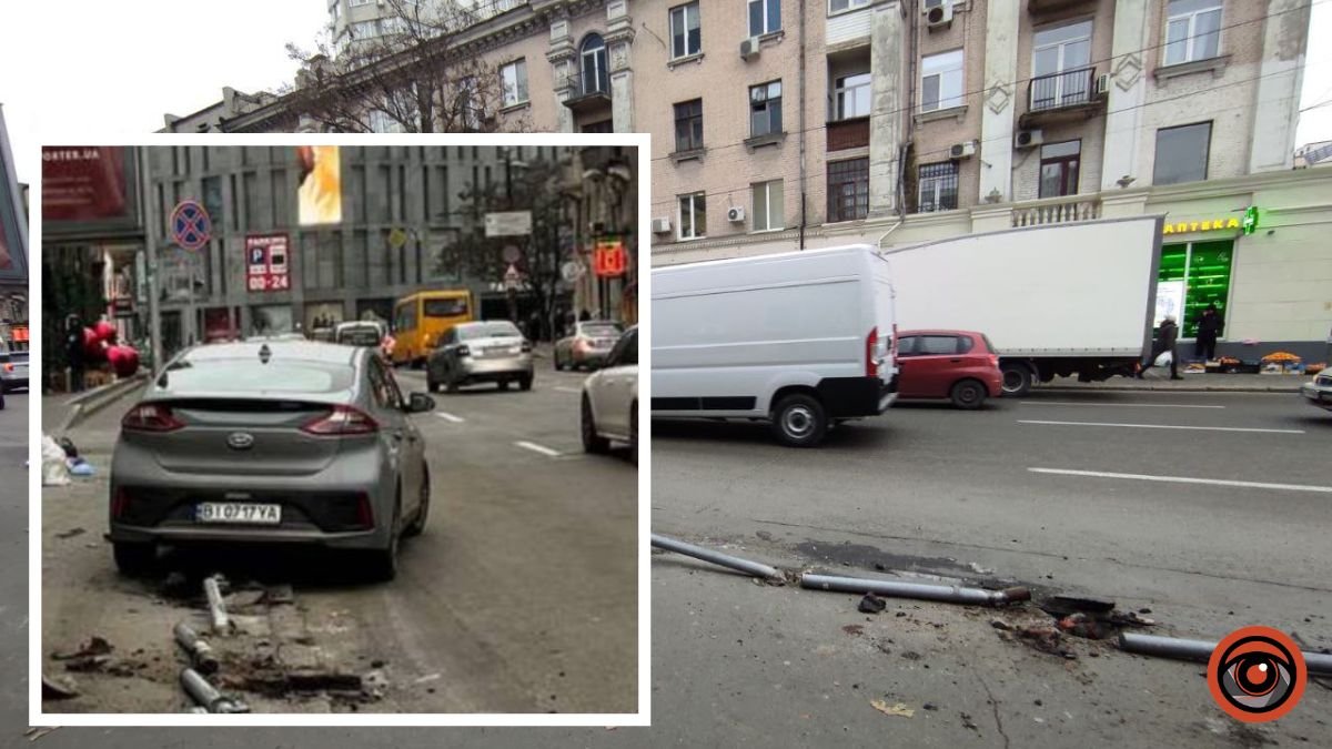 В Днепре на Липинского Hyundai чуть не задел людей на тротуаре и снес анти парковочные столбики: видео момента