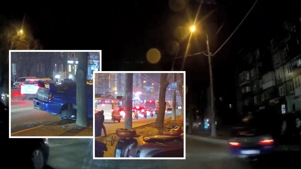 У Дніпрі на Богдана Хмельницького Subaru вилетів на зустрічну смугу та врізався у ANAIG на тротуарі: відео моменту
