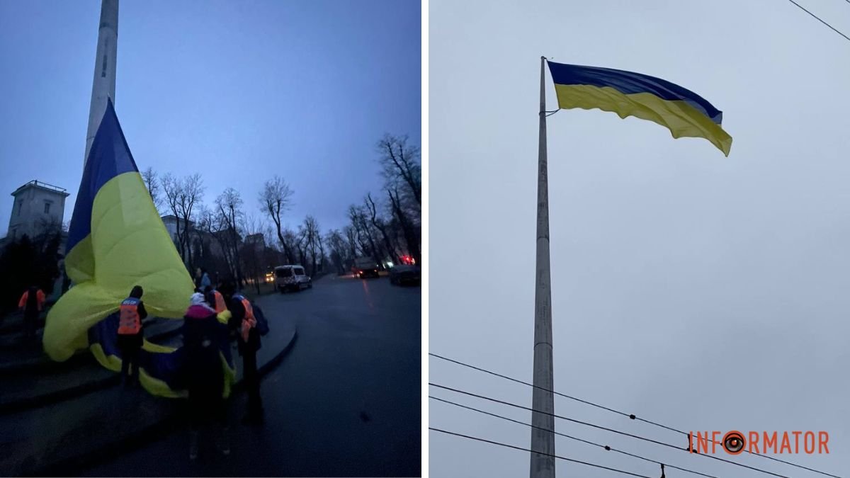 В Днепре восстановили поврежденный ветром флаг на 72-метровом флагштоке