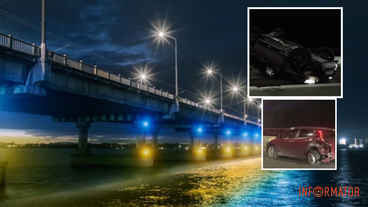 В Днепре на Новом мосту Land Rover врезался Nissan и перевернулся: еще два автомобиля столкнулись, заглядевшись на ДТП