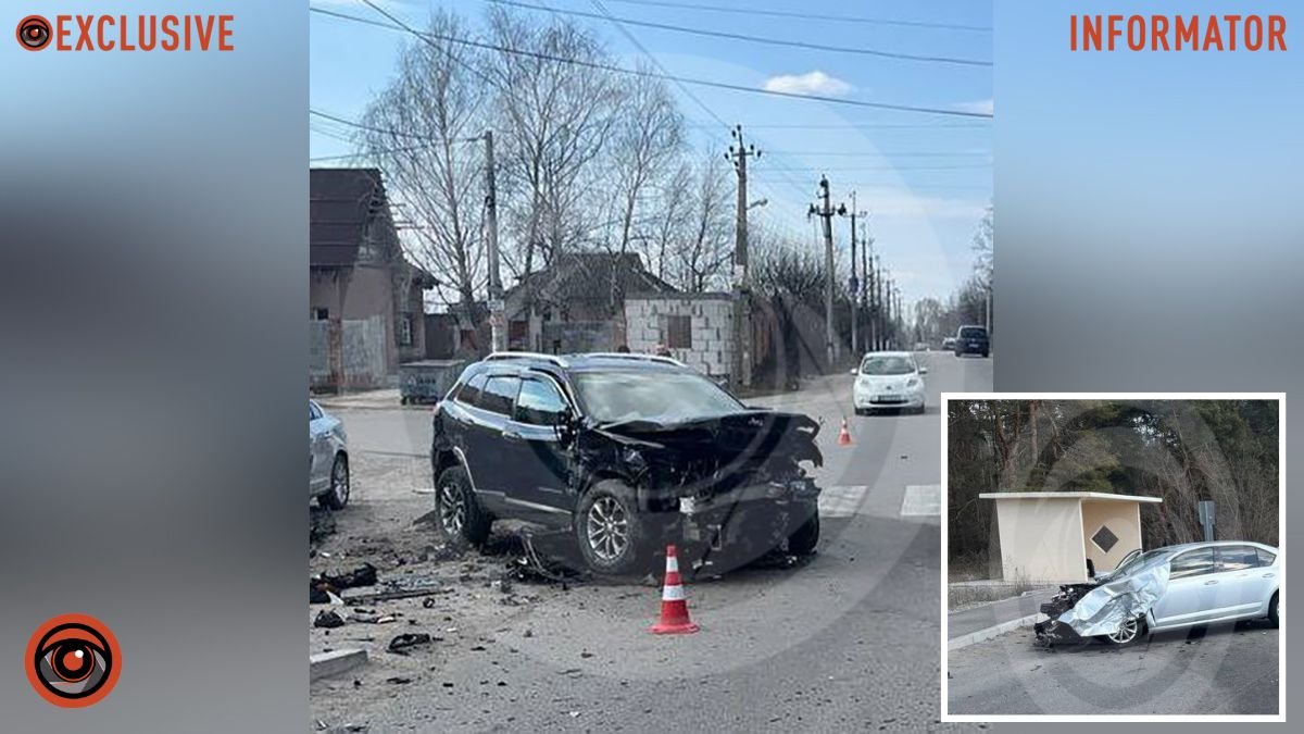 На выезде из Днепра Jeep столкнулся со Skoda и зацепил припаркованный автомобиль Volvo: есть пострадавшие, среди них — ребенок
