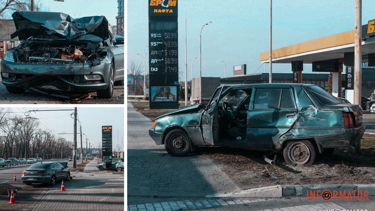 В Днепре возле АЗС "БРСМ" Volkswagen влетел в ЗАЗ, а тот снес дорожный знак: есть пострадавший