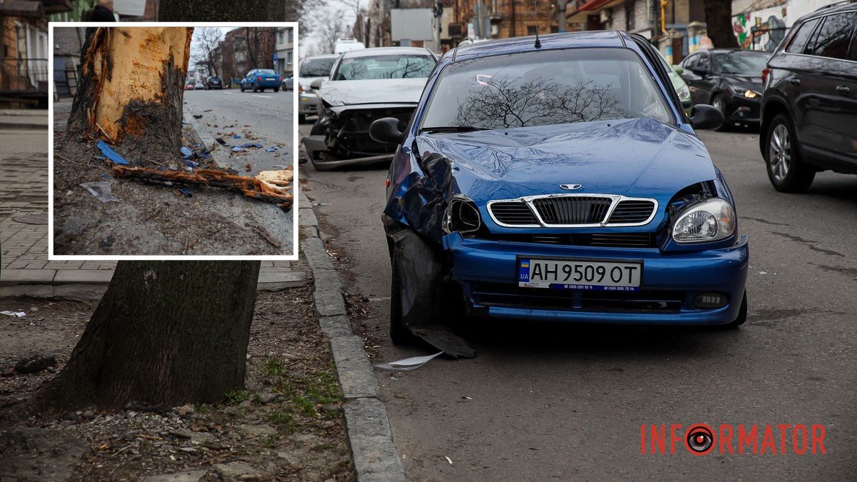 У Дніпрі на Січових Стрільців зіштовхнулися Hyundai та Daewoo: автівка врізалась у дерево