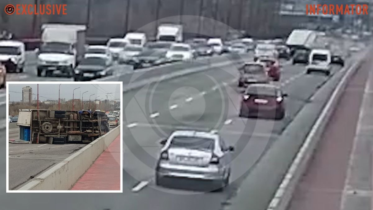 Відео моменту ДТП: у Дніпрі на Центральному мосту через водія BMW перекинулася вантажівка