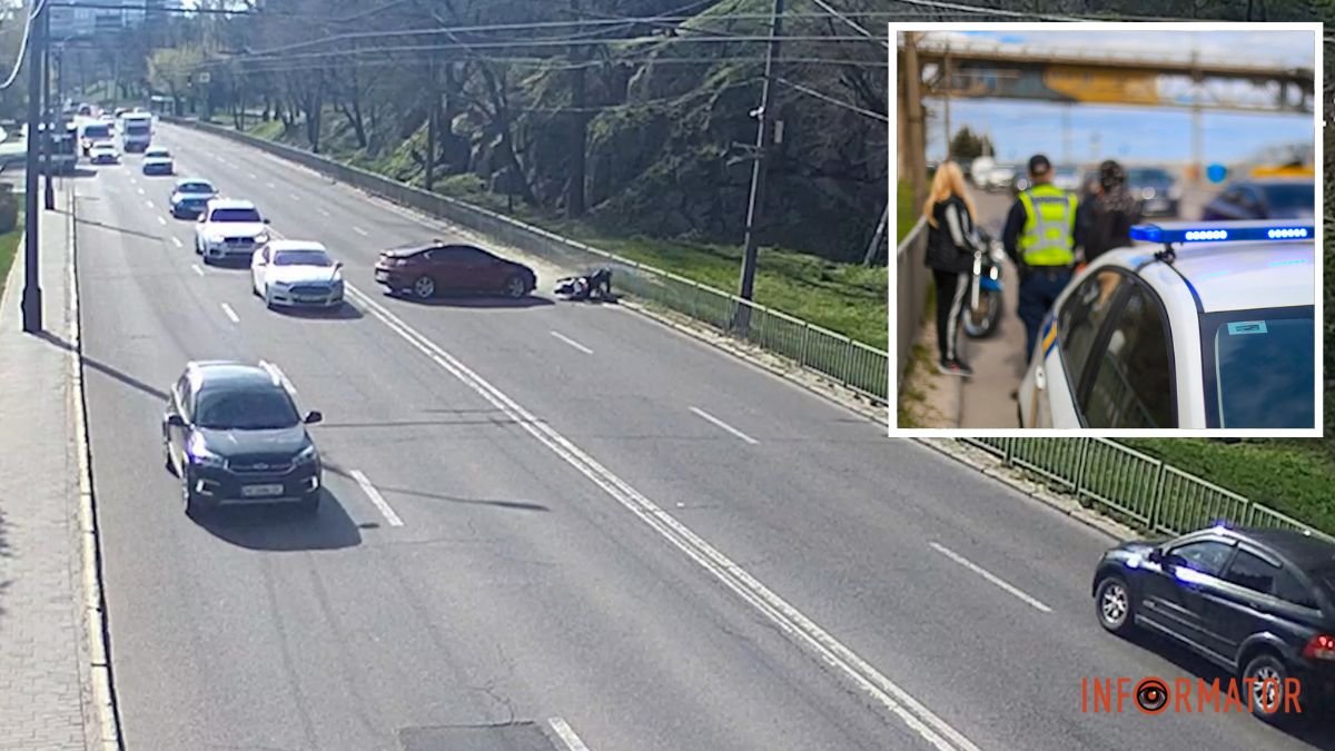 В Днепре на Сичеславской Набережной Chevrolet развернулся через двойную, а несовершеннолетний мотоциклист упал: момент ДТП