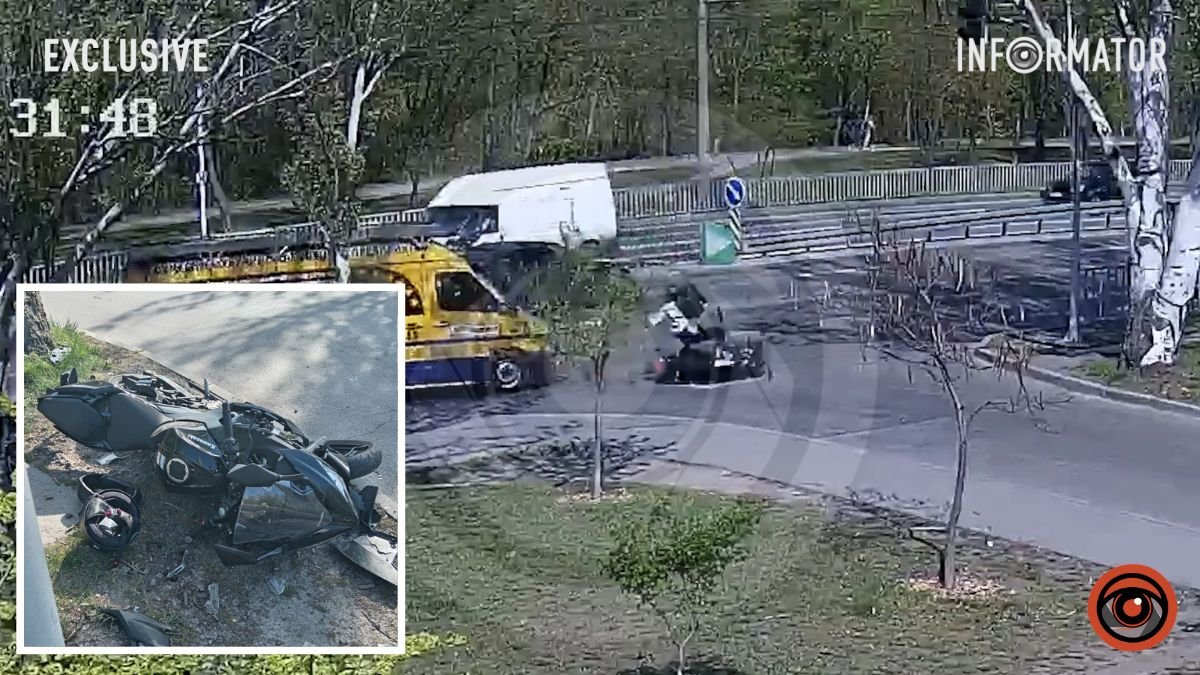 В Днепре на Набережной Заводской мотоциклист влетел в Mercedes с прицепом: видео момента ДТП