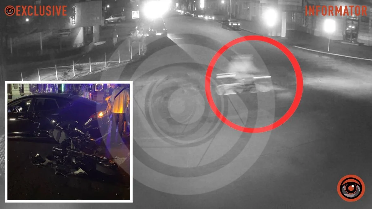 В Днепре на Грушевского мотоциклист на Kawasaki врезался в Tesla и перелетел через крышу авто: видео момента ДТП