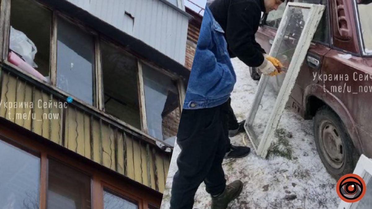 У Києві дрон-камікадзе впав поряд з житловим будинком: місцеві вже лагодять вибиті шибки та замінюють скло