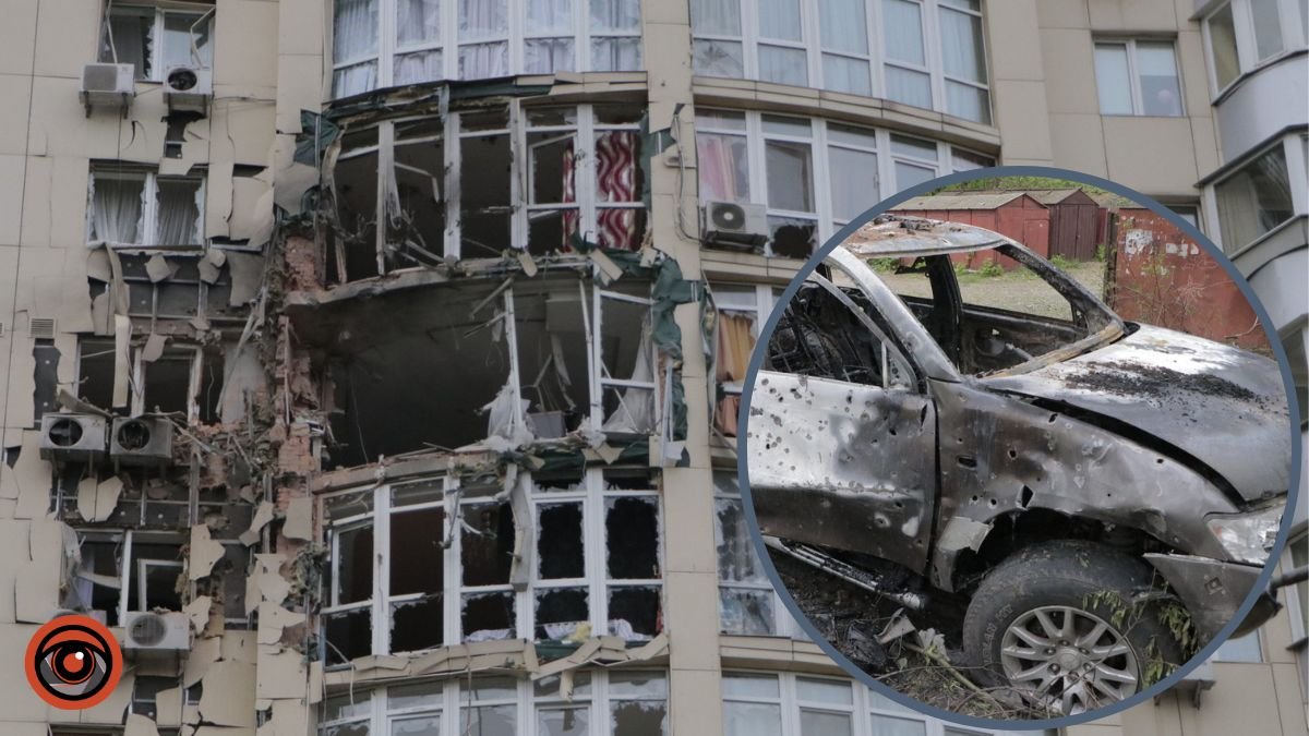 Атака дронів на Києв 8 травня: уламки збитого БПЛА влучили в будинок та автомобілі. Фото та відео з місця