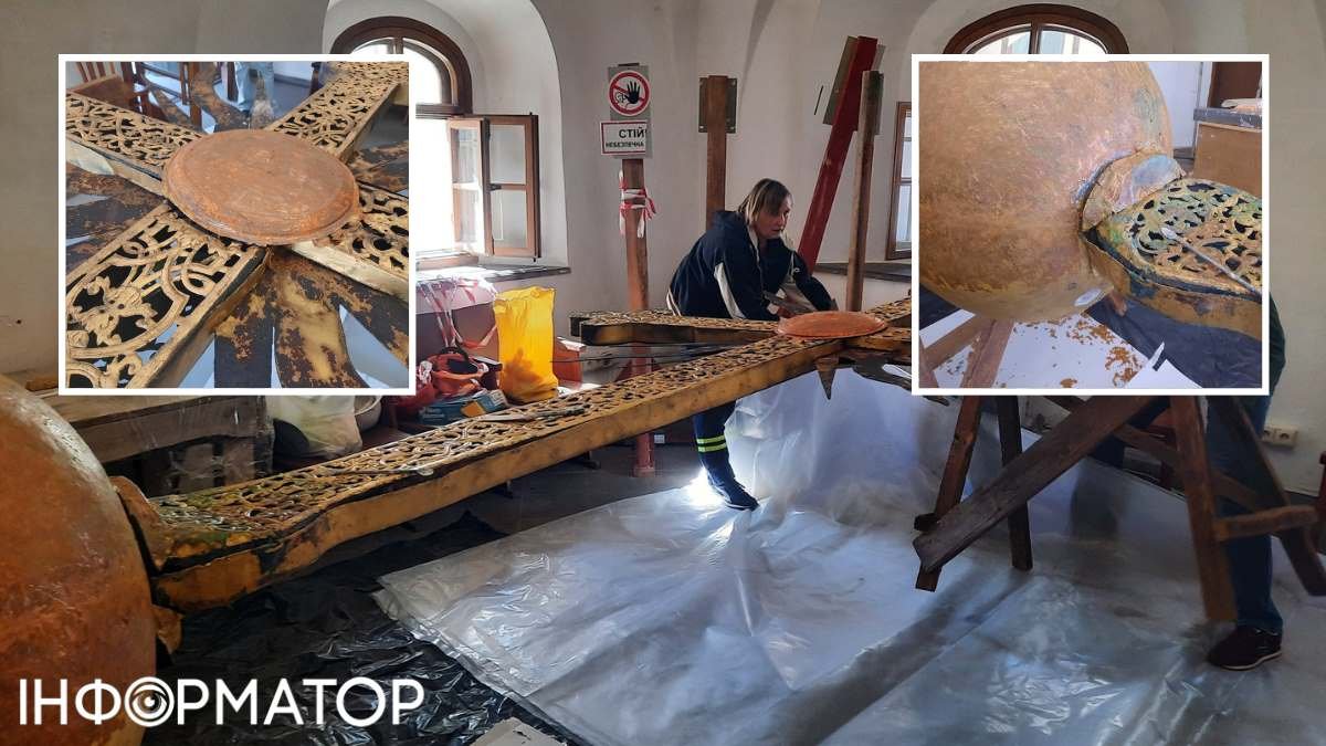 Длинный и величественный: в Софии Киевской показали, как реставрируют главный крест собора