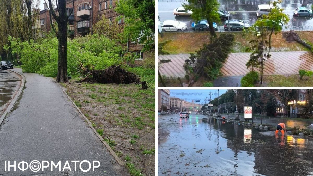 У Києві та області вирує негода: вітер вириває з корінням дерева, по вулиці пливуть машини
