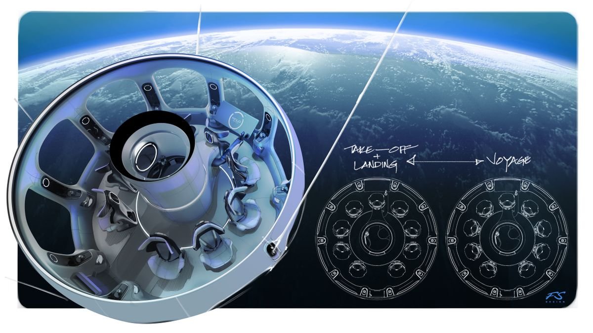 Дизайн інтер'єру космічної капсули Aurora компанії HALO Space, яка доставить пасажирів у стратосферу на повітряній кулі, наповненій гелієм