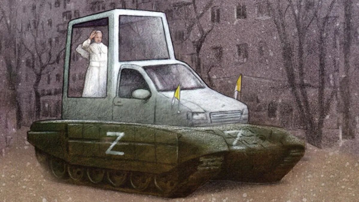 Wprost зобразив Франциска на танку з Z-символікою
