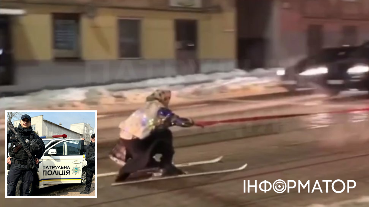 Во Львове патрульные оштрафовали уклониста, который в женской одежде на лыжах цеплялся к авто и ездил по городу