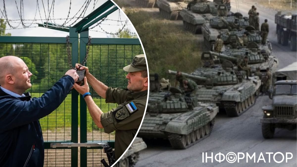 пограничник Эстонии закрывает ворота границы, колонна российской бронетехники