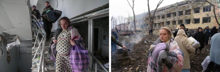 Блогерка Маріанна Підгурська після бомбардування пологового у Маріуполі. Фото Євгена Малолєтки та Мстислава Чернова