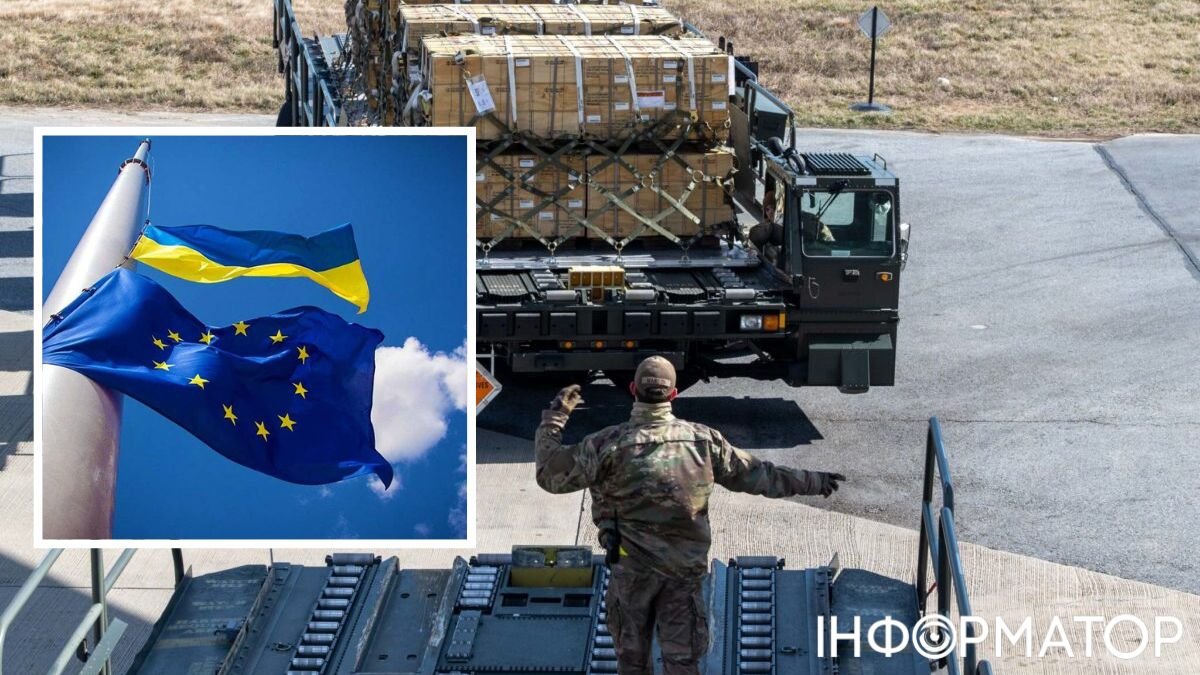 прапор УКраїни, прапор ЄС, військовий розвантажує снаряди