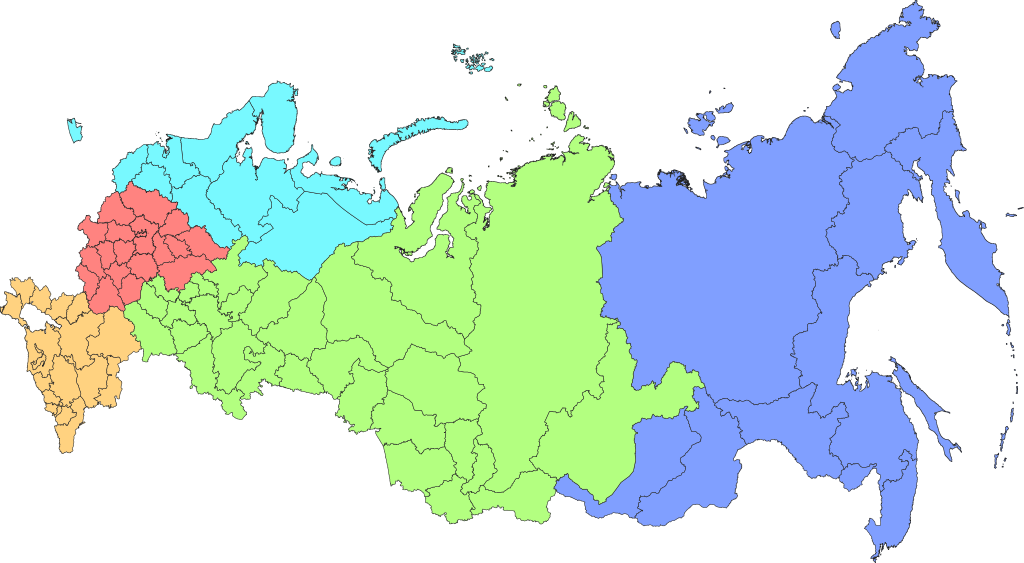 Південний округ РФ позначений на мапі жовтим. Увага: ця карта є "російською", тобто включає в себе окуповані території України