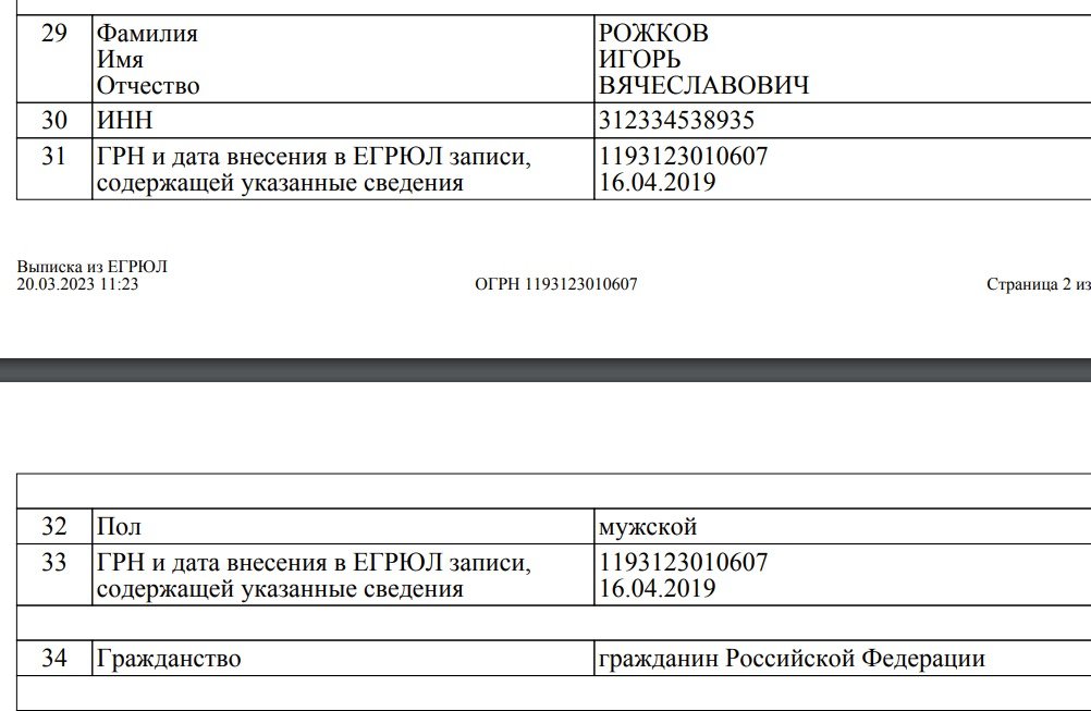 Витяг з російського реєстру по Ігорю Рожкову