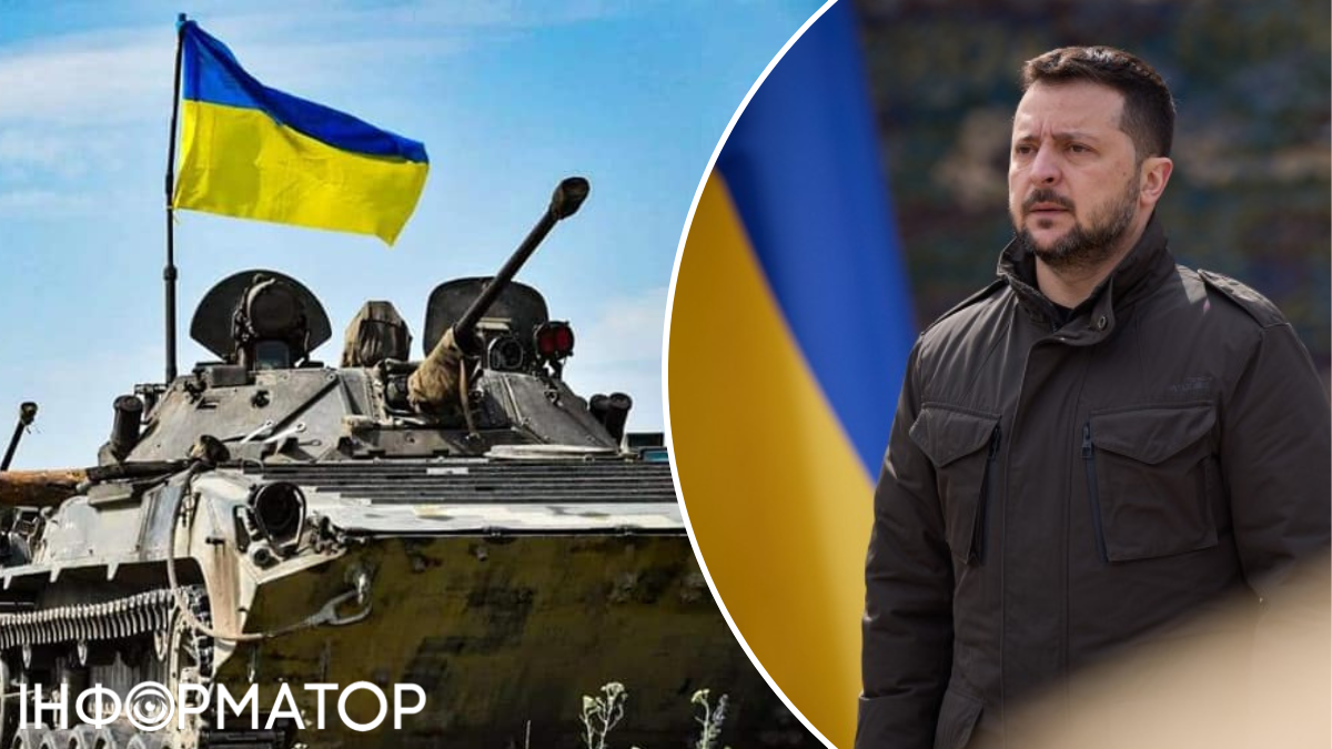 Владимир Зеленский, бронетранспортер и флаг Украины, военная техника ВСУ