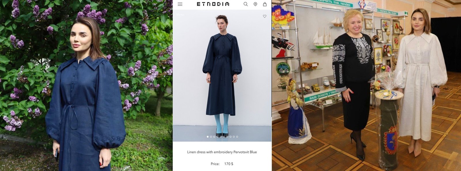 Синя льняна сукня українського бренду Etnodim з широкими рукавами 170 доларів (7 тисяч гривень). Така сама в неї є і біла