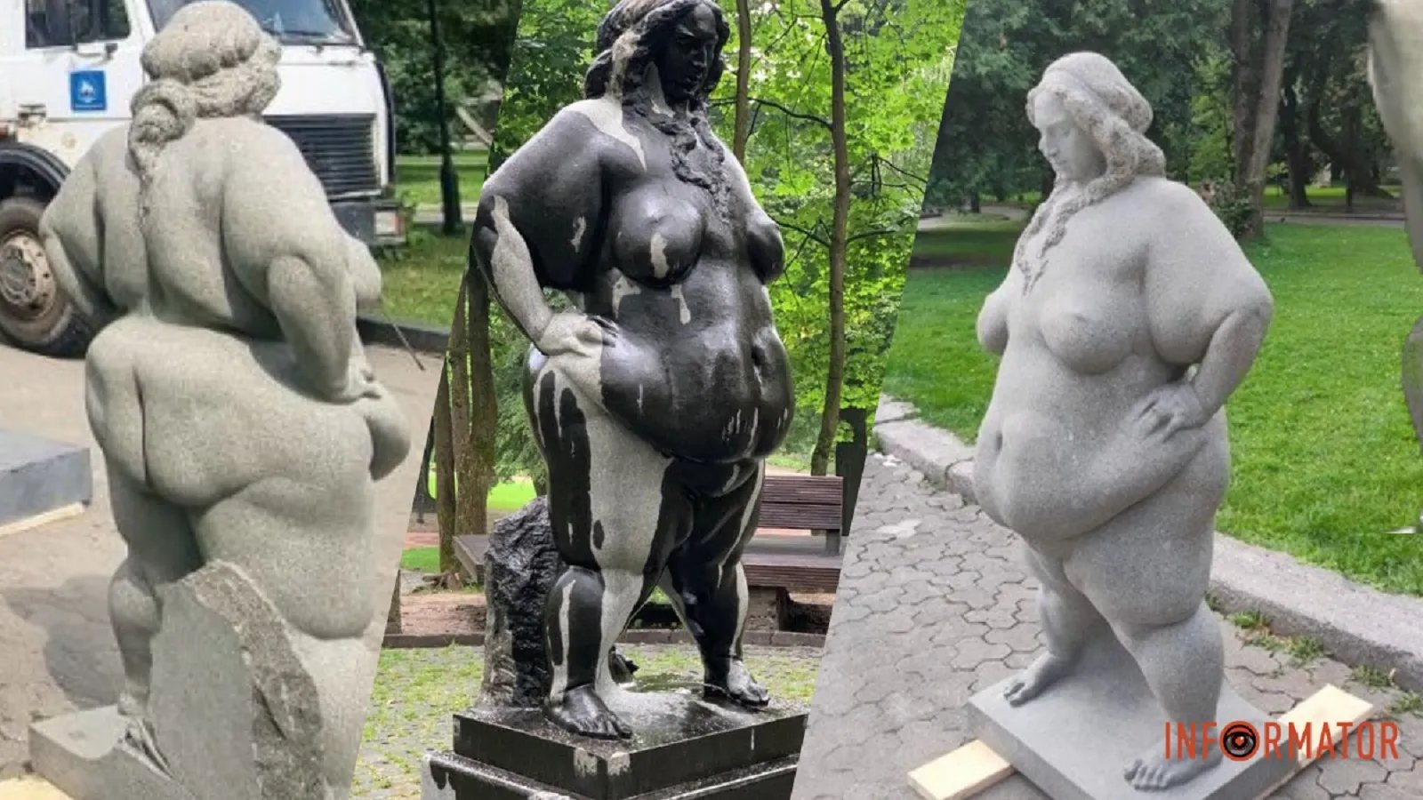 "Знущання над Впевненою". Скандальну скульптуру жінки у парку Львова облили мастилом і спробували підпалити